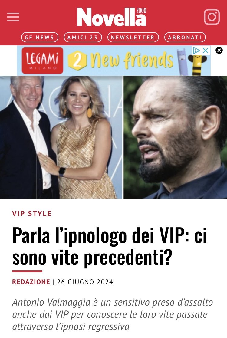 Articolo di Novella 2000 dedicato ad Antonio Valmaggia